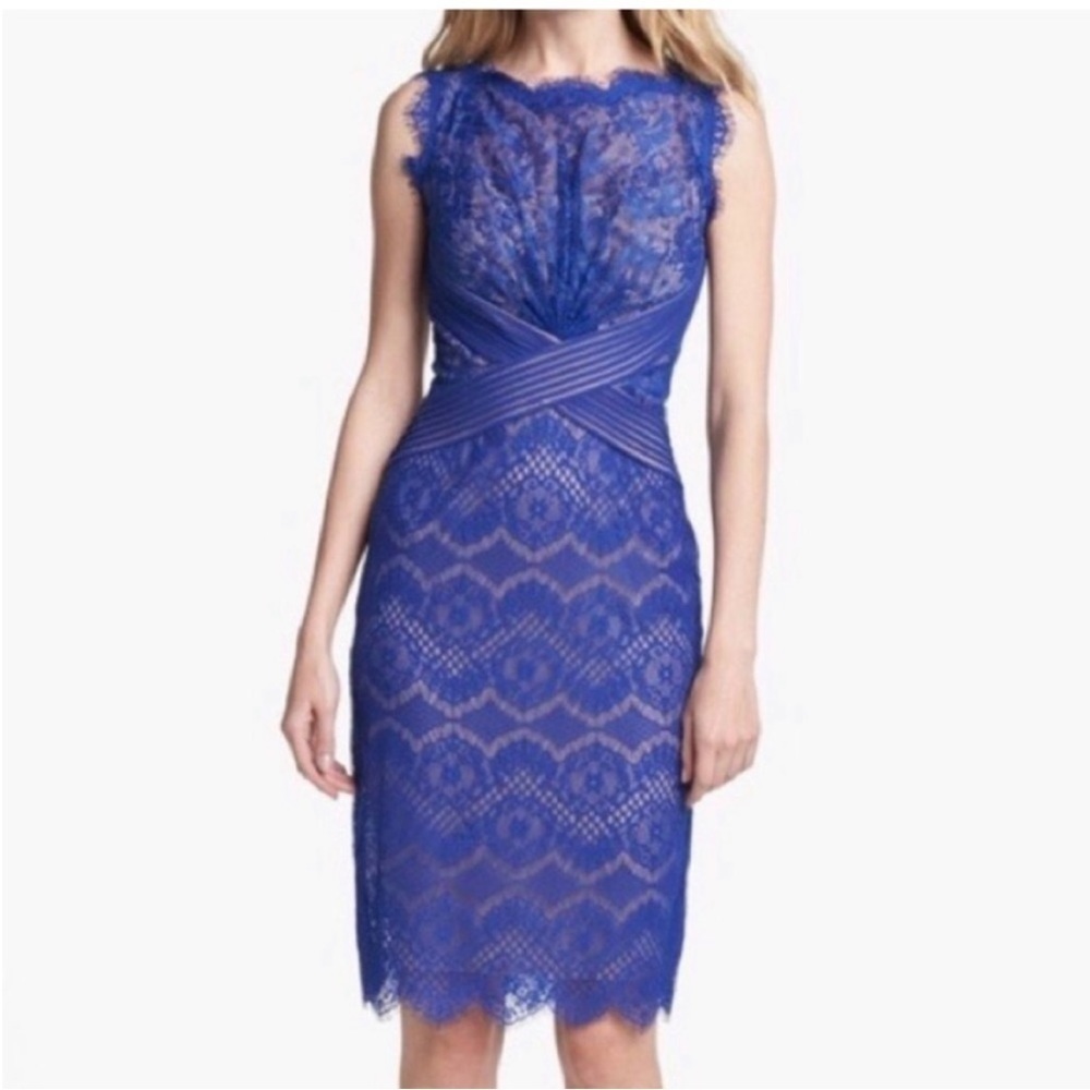 Tadashi Shoji Royal Blue Chantilly Lace Boatneck Sheath Cocktail Dress 0